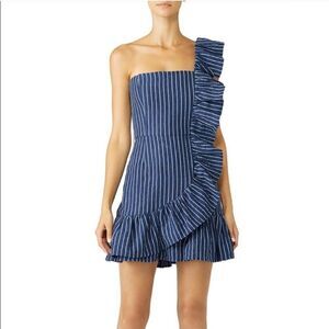 NEW Alexis Konner Striped One Shoulder Ruffle Denim Blue Mini Dress XS
